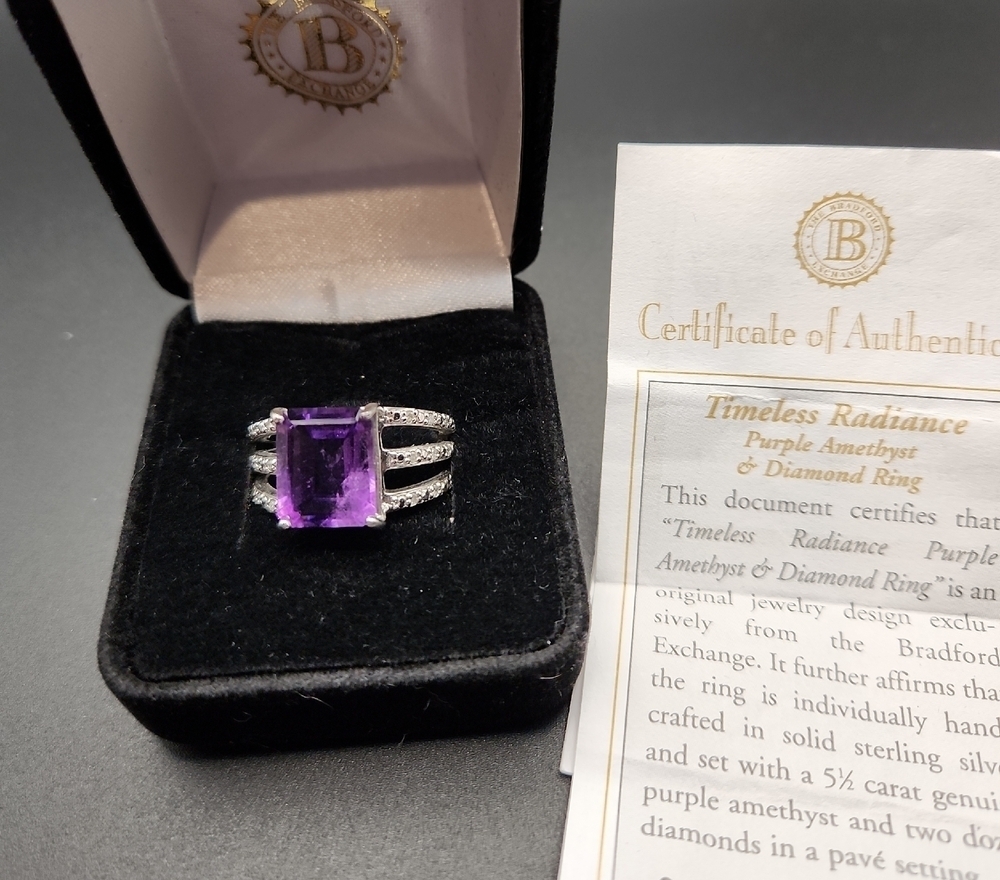 Bradford Exchange Amethyst Diamond Ring Size 10 Sterling Silver